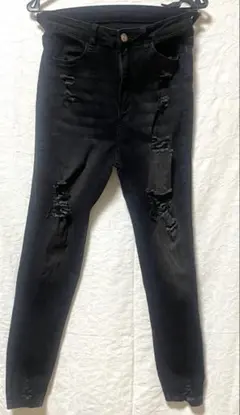 SHEIN ストレッチ ズボン スキニーデニム 風 ダメージ加工 黒 S