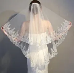 ウェディング ベール オフホワイト 2層 コーム付き 刺繍