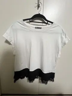 ホワイト ブラック レース裾 クロップドTシャツ　ZARA