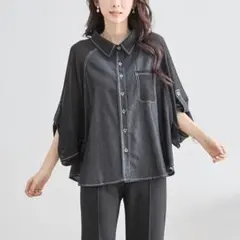 【ブラック】TRUBE 異素材ミックスシアースリーブデニムシャツ