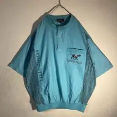 【Tシャツ】半袖　ハーフボタン　部分刺繍　ストレッチ　ライム　使用感　古着