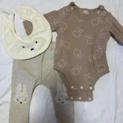 petit main ミッフィーウサギ柄ロンパース・パンツ・スタイセット