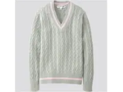 UNIQLO イネス グリーン ピンク バイカラー Vネック ケーブルニット