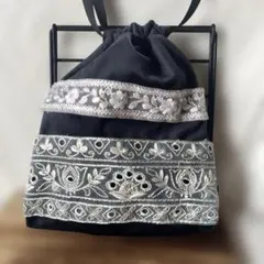 【リメイク】インド刺繍リボンのベロア風巾着袋 69