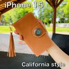 iPhone15 レザーケース 手帳型 無地 スエード コンチョ おしゃれ