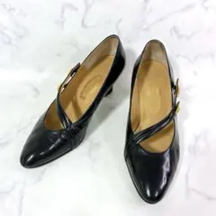 銀座ヨシノヤ ブラック レザー ストラップ パンプス 22.5cm