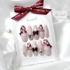 バレンタインネイル チェック柄 リボン ワンホン ハート オタク