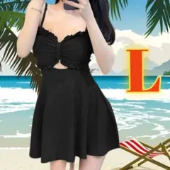 新春セールLサイズ 黒 フリル付きカットアウト水着