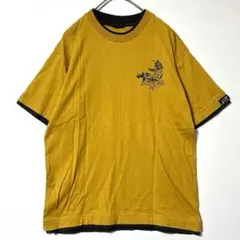 和柄Tシャツ M からし色 レイヤード風 鯉 漢字プリント 古着 半袖 Y