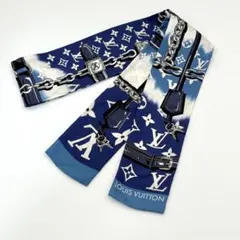 美品 ルイヴィトン バンドー スカーフ シルク コンフィデンシャル ブルー ロゴ