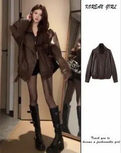 ブラウン 合成皮革 オーバーサイズジャケット