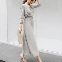 新品 プリーツロングワンピース ドレス レディース 長袖 グレー 同窓会 高級