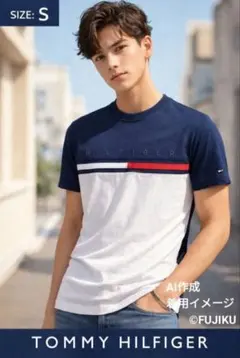 【良品】トミーヒルフィガー 半袖Tシャツ メンズS ネイビー 白 ロゴ