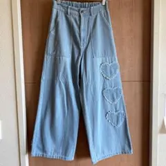 bokaniiデニム 　 ハート刺繍 ワイドパンツ ライトブルー
