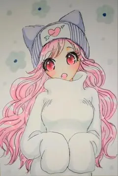 猫耳ニット　ピンク　女の子　イラスト　手描きイラスト　オリジナルイラスト