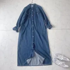 【美品】Lee デニム シャツ ロングワンピース バンドカラー インディゴ Sのサムネイル