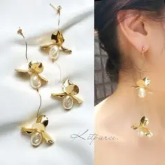 No.60 つやゴールド パールフラワー ゆらゆらピアス イヤリング
