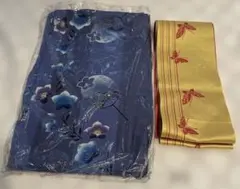 浴衣・帯セット　蝶柄帯　涼しげ　桔梗　うちわ