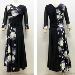 新品 社交ダンス ワンピース ブラック バラ柄 プリント サイズML