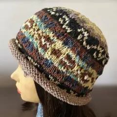 ビーニー コットンキャップ　クラッシャーハット 綿素材　柄編み　棒針編み