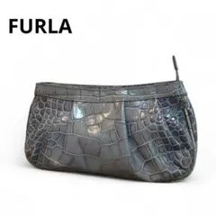 FURLA フルラ クラッチバッグ ポーチ クロコ柄 グレー 本革 レディース