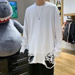 メンズ ダメージ加工 ロンＴ 長袖 ホワイト 白 韓国