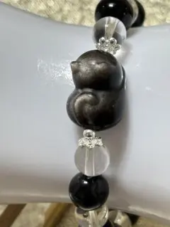 65.大特価❗️天然石❗️オブシディアン猫デザインブレスレット❗️