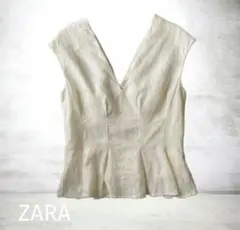 ZARA リネン100% ノースリーブ ペプラムトップス L