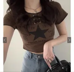 スタープリント レースアップ 半袖Tシャツ クロップド丈