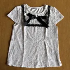 レース切り替え リボン付き 半袖Tシャツ ホワイト 140のサムネイル