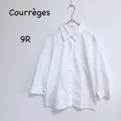 クレージュ 七分袖コットンシャツ 9R 白 ロゴ刺繍 ストライプ