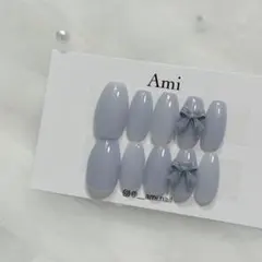 ネイルチップ＊くすみ水色 ライトブルー リボン ちゅるん シンプルガーリー 韓国