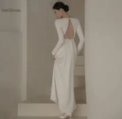 バックオープンウェディングドレス　長袖ドレス　前撮りドレス　花嫁二次会ドレス