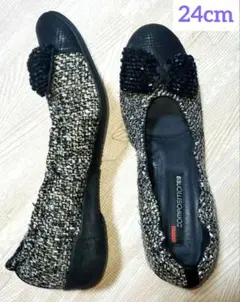 コンポジション9　ツイード リボン キラキラ パンプス 24cm