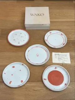 最終価格！銀座和光 WAKO 九谷焼　多田鐵男 赤絵 小皿 銘々皿 5客揃のサムネイル