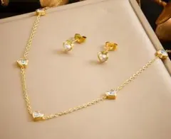 2セット★czハートダイヤゴールド ピアスネックレス サージカルステンレス