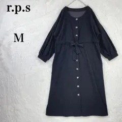 【r.p.s】ブラック 異素材 プリーツ ウエストリボン ラウンドネック M