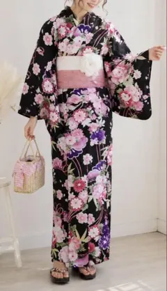 浴衣単品 黒地 花柄