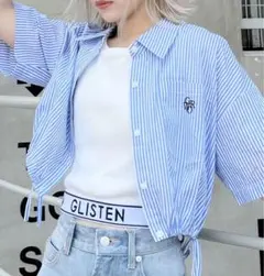 INGNI青と白のストライプ クロップドシャツM　Ｃ