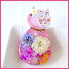 No.2785ハンドメイド レジンヘアゴム ドライフラワー 猫ちゃん シェル