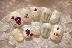 現品/即日発送 ネイルチップ スイーツ 3D いちご ケーキ リボン カフェ 春