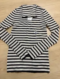 新品　ユニクロ　エクストラファインメリノリブタートルネックセーター　ボーダー　M