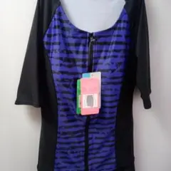 【新品タグ付き】スポーツ用水着 ハイウエスト 黒とパープルのストライプ　袖付き