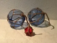 浮き玉　ロープ網　ガラス製　3個(青球2.赤球1)