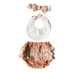 モクモフ ベビー女の子 上下セット スタイ ブルマ ヘアバンド 3点セット