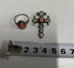 シルバー925 クロスモチーフ ペンダントとリングセット　石不明