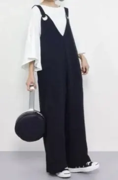 KBF メタルサロペット オーバーオール ブラック Vネック シンプル とろみ