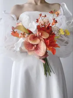 再販　アーティフィシャルフラワーブーケ　オレンジ　胡蝶蘭　前撮り　ウェディング
