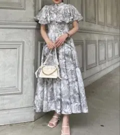 rienda フレアスリーブペイントフラワーワンピース グレー