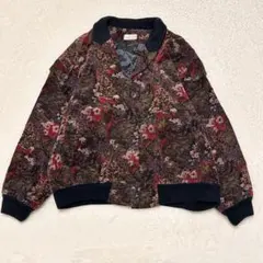 希少】ベロア ブルゾン ジャケット 総柄 ペイズリー 花柄 レトロL 